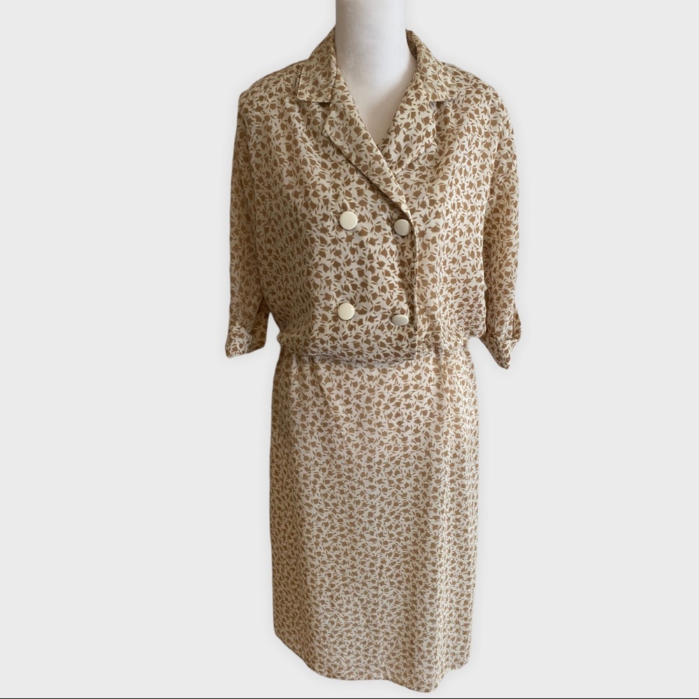 Vintage 80s Does 40s White Tan Leaf Semi Sheer Double Breasted Dress
